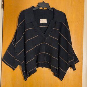 We The Free Deep V Pullover Sweater Womens S/M Navy Blue Striped Oversized Boxy